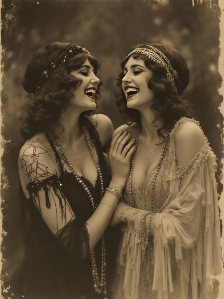 Flapper Women Laughing in Sepia, 1920s Style