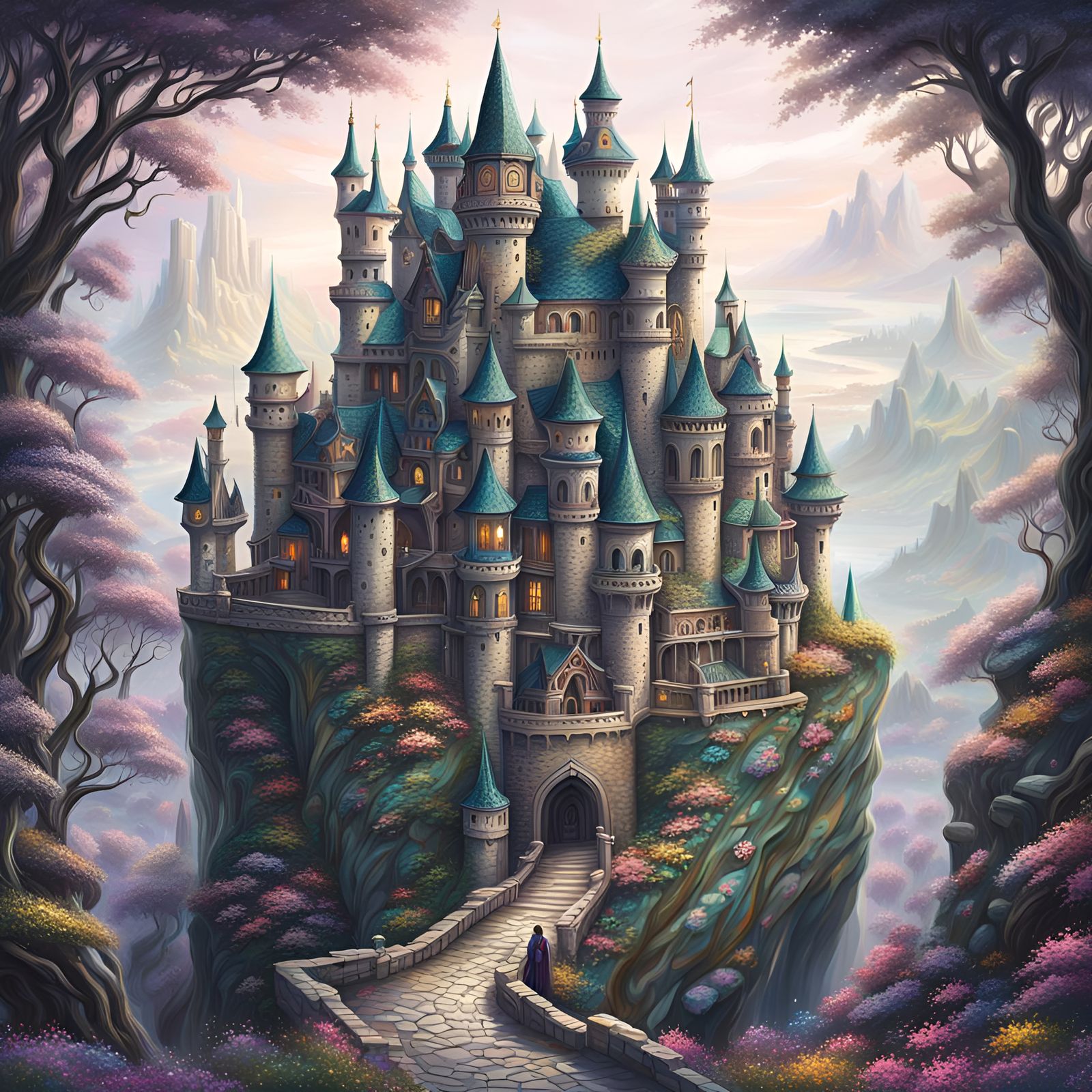 Sparklecore, Intricate fantasy castle, fantasy landscape, Sharp contrast, high black point, Deep depth of field, sharp f...