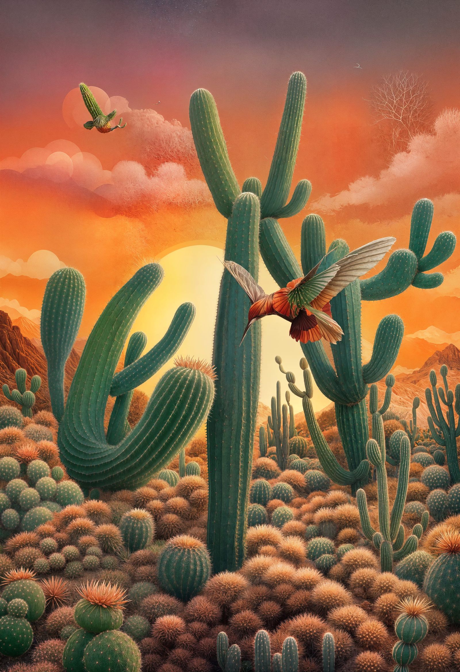 Mid-Century Cactus Landscape with Hummingbird in Matte Paint...