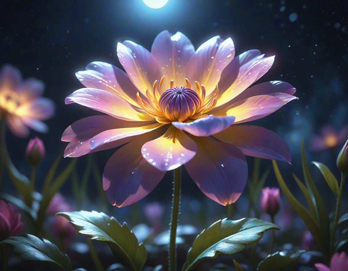 Glowing Flower Blooms Under Moonlight in Dreamy Fantasy Art