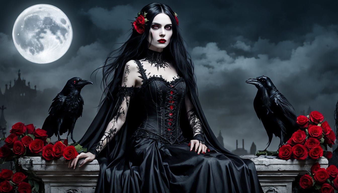 Gothic Princess Under Moonlit Gravesite