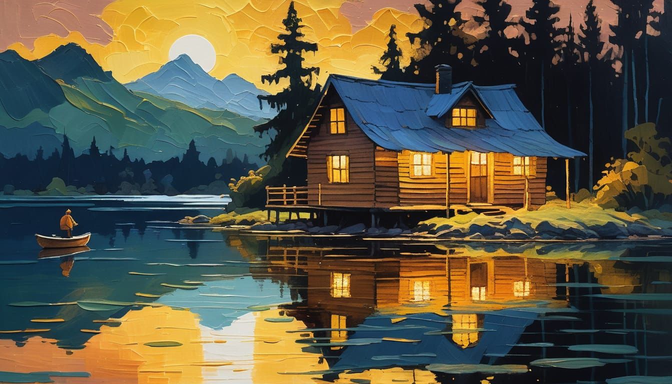 Impressionist Hut on Lake Shore in Golden Light
