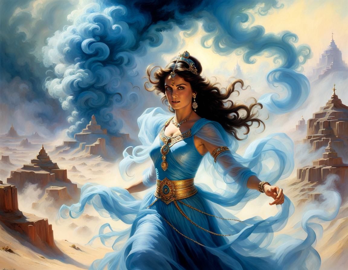 Genie Emerges from Lamp in Desert Landscape