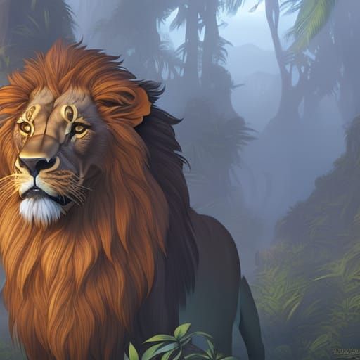 Majestic Lion Playing in Jungle, Hyperdetailed Digital Art
