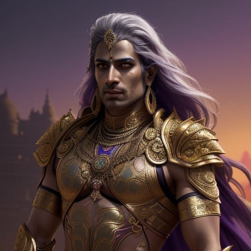 Vibrant Lord Krishna in Cyberpunk Armor