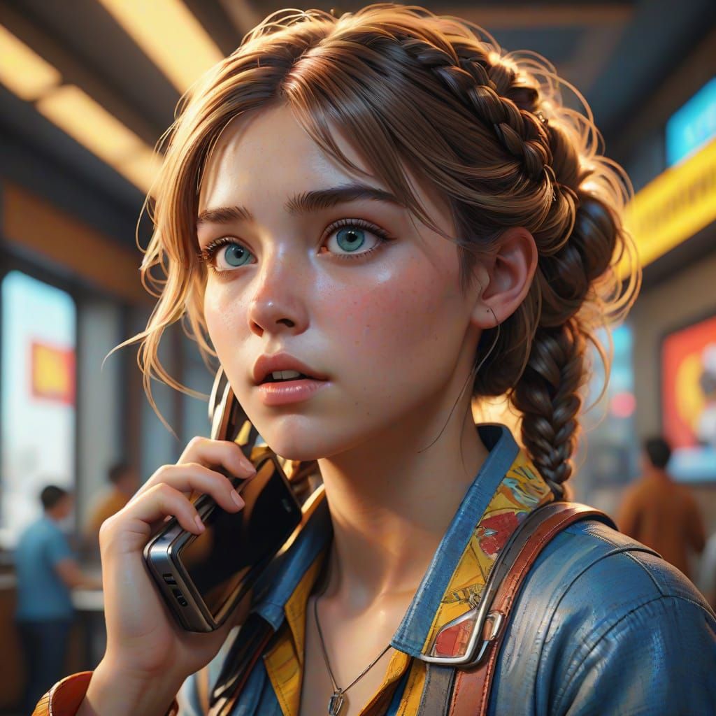 Girl in Trendy Newsroom, Surprised by Phone, in Vibrant Spla...