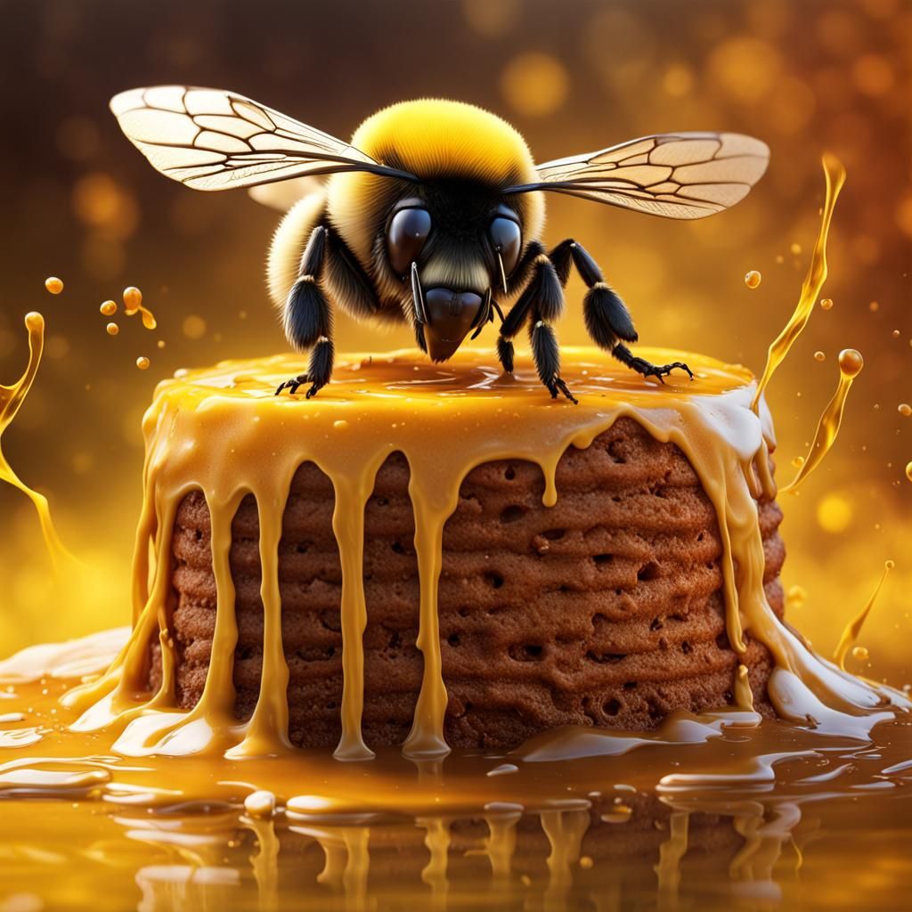 Hyperrealistic Bumblebee on Honey Cake Splash Art
