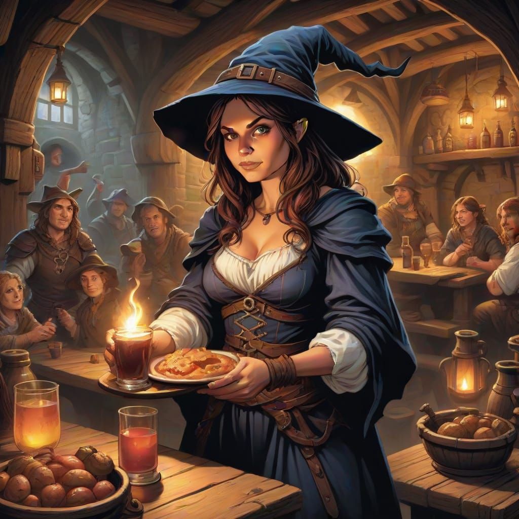 Halfling Witch in Whimsical Medieval Tavern Scene