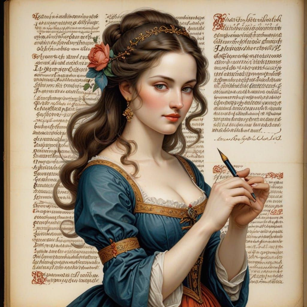 Medieval Illuminated Initial: Woman Calligraphy