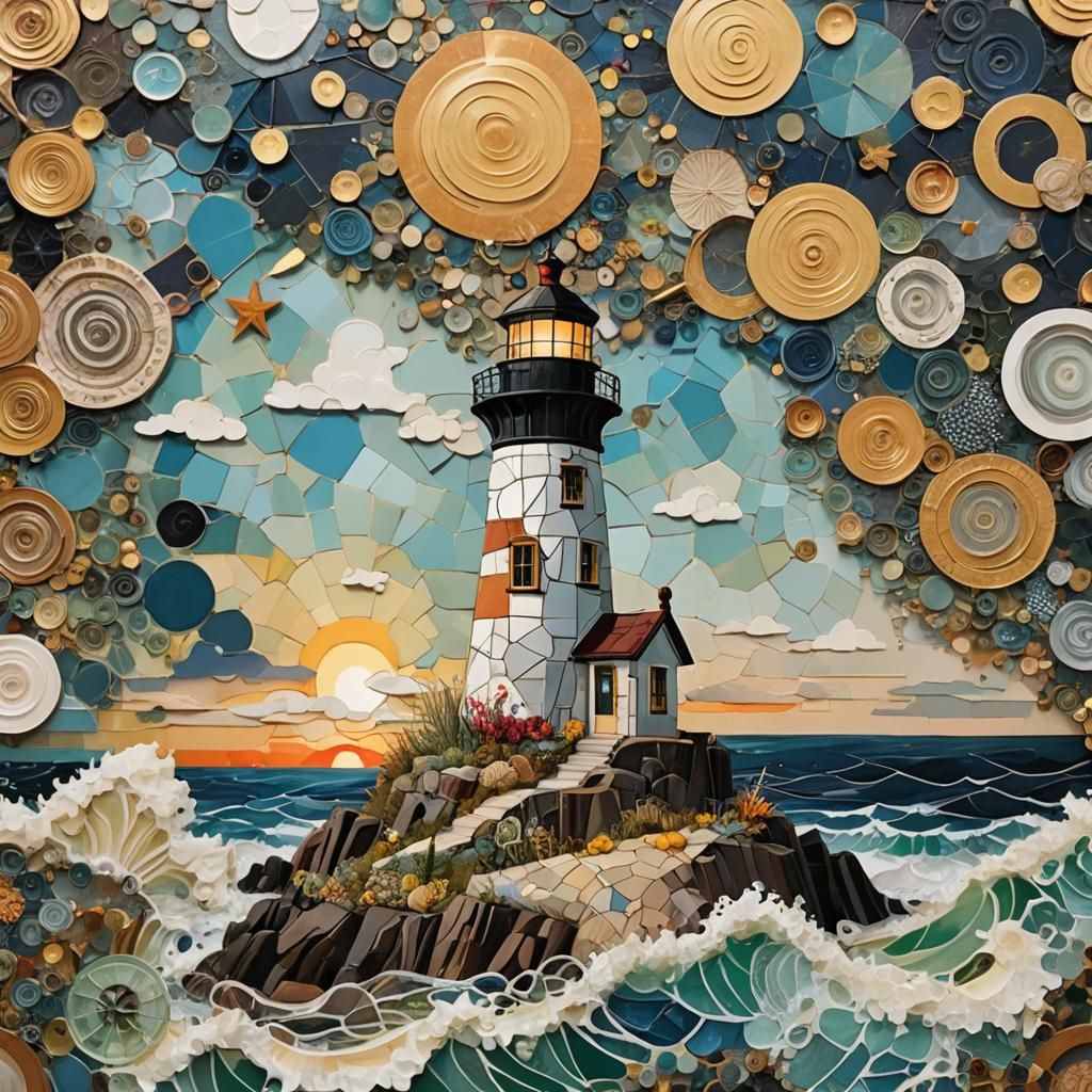 Breathtaking Lighthouse Mixed Media Collage in Golden Hour