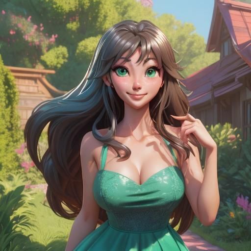 Beautiful Anime Woman in Magical Garden as 3D Art