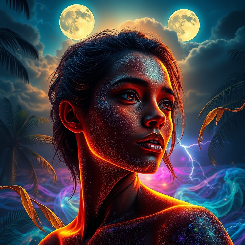 Ethereal Tropical Moonlit Scene in Hyperrealistic Style