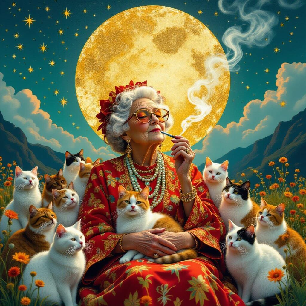 Dreamlike Landscape with Cats and Falling Stars in Klimt Sty...