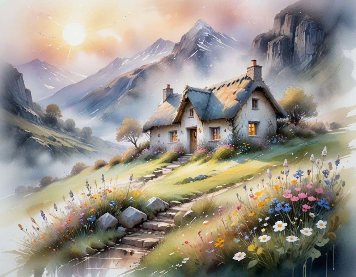 A lone stone cottage stands nestled high in the misty mounta...