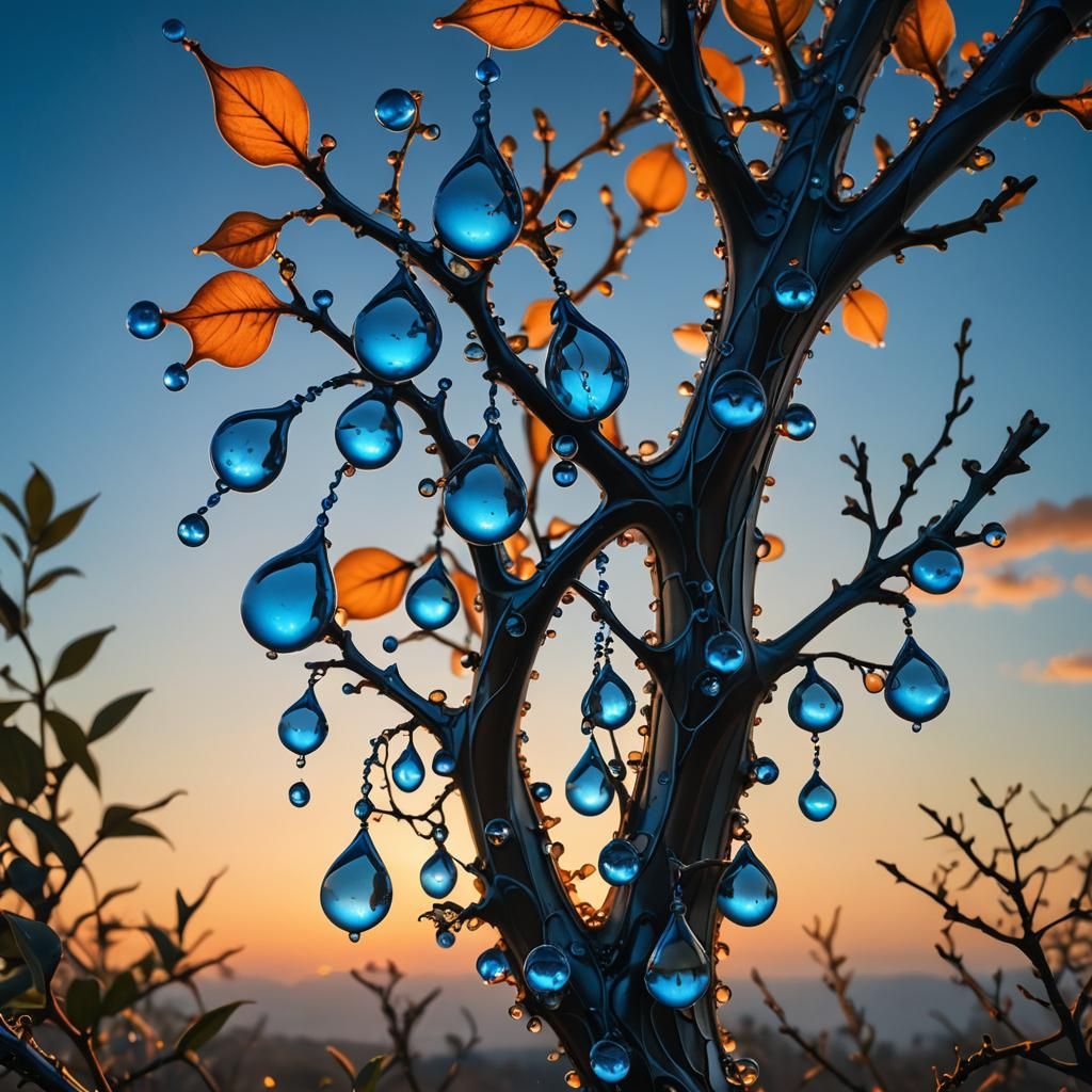 Pulsing Dew Drops in Bioluminescent Surrealism
