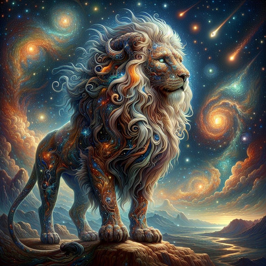 Cosmic Lion on Starry Ledge in Art Nouveau Style