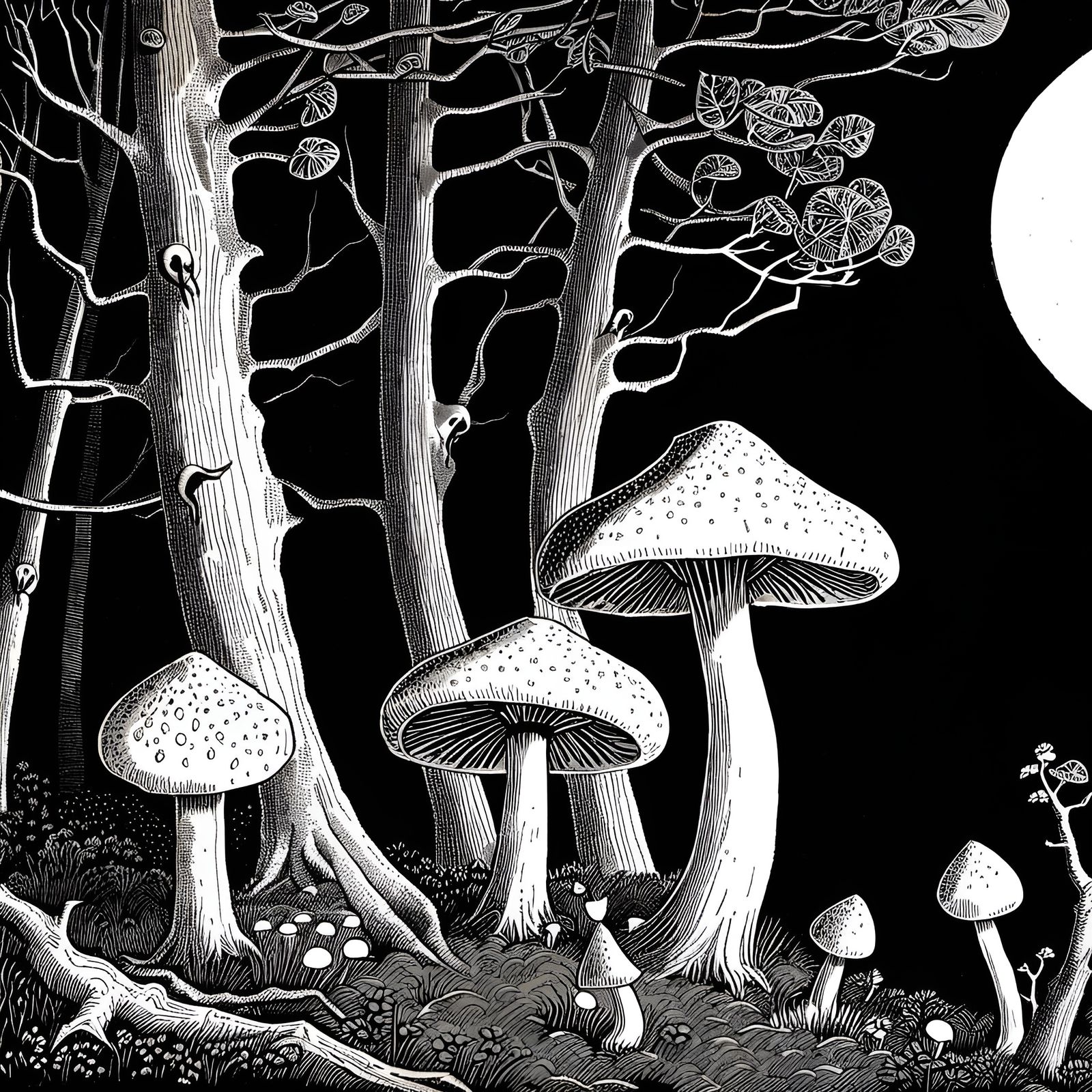 Luminous Mushroom Family in Sinister Comic Art Style