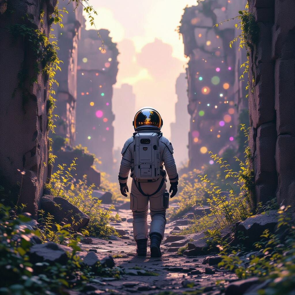 Ancient Astronaut in Overgrown Ruins, Mystical Light