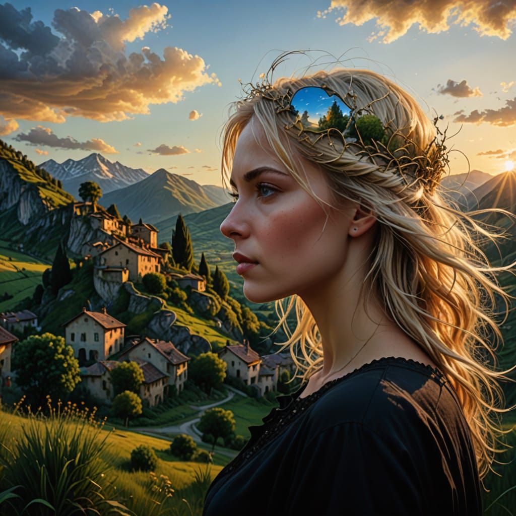 A beautiful blonde gothic woman summer at Babilonia village ...