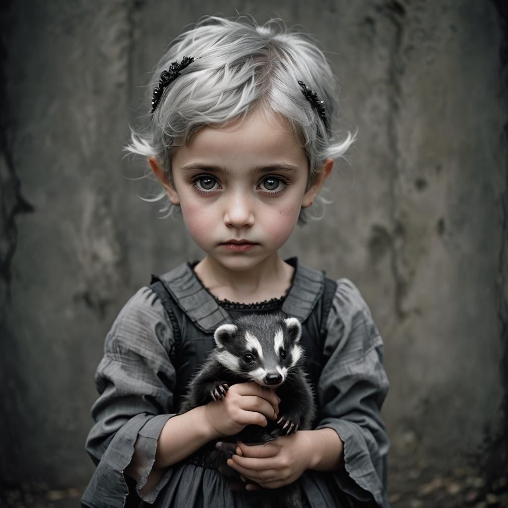 Pixie Child Portrait with Badger in Realistic Style
