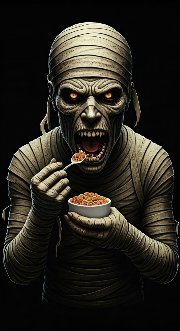 Humorous Mummy Eating Hieroglyphs Cereal