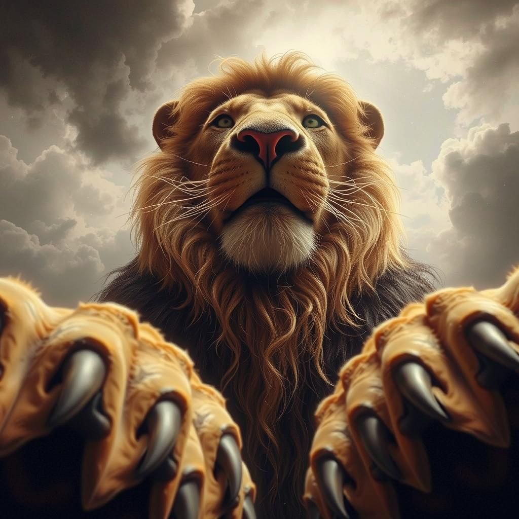 Dramatic Low Angle View of a Lion in Photorealistic Style