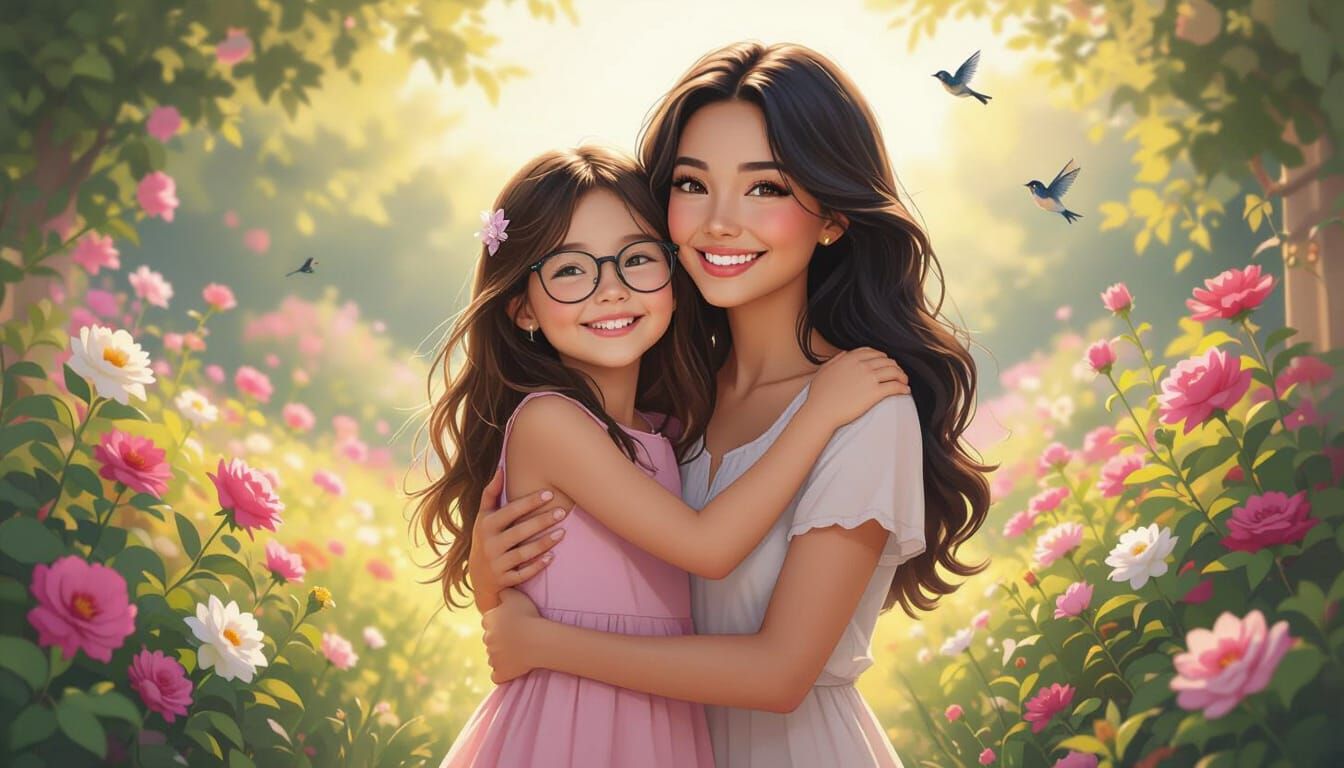 Joyful Girl Hugs Mom in Vibrant Flower Garden