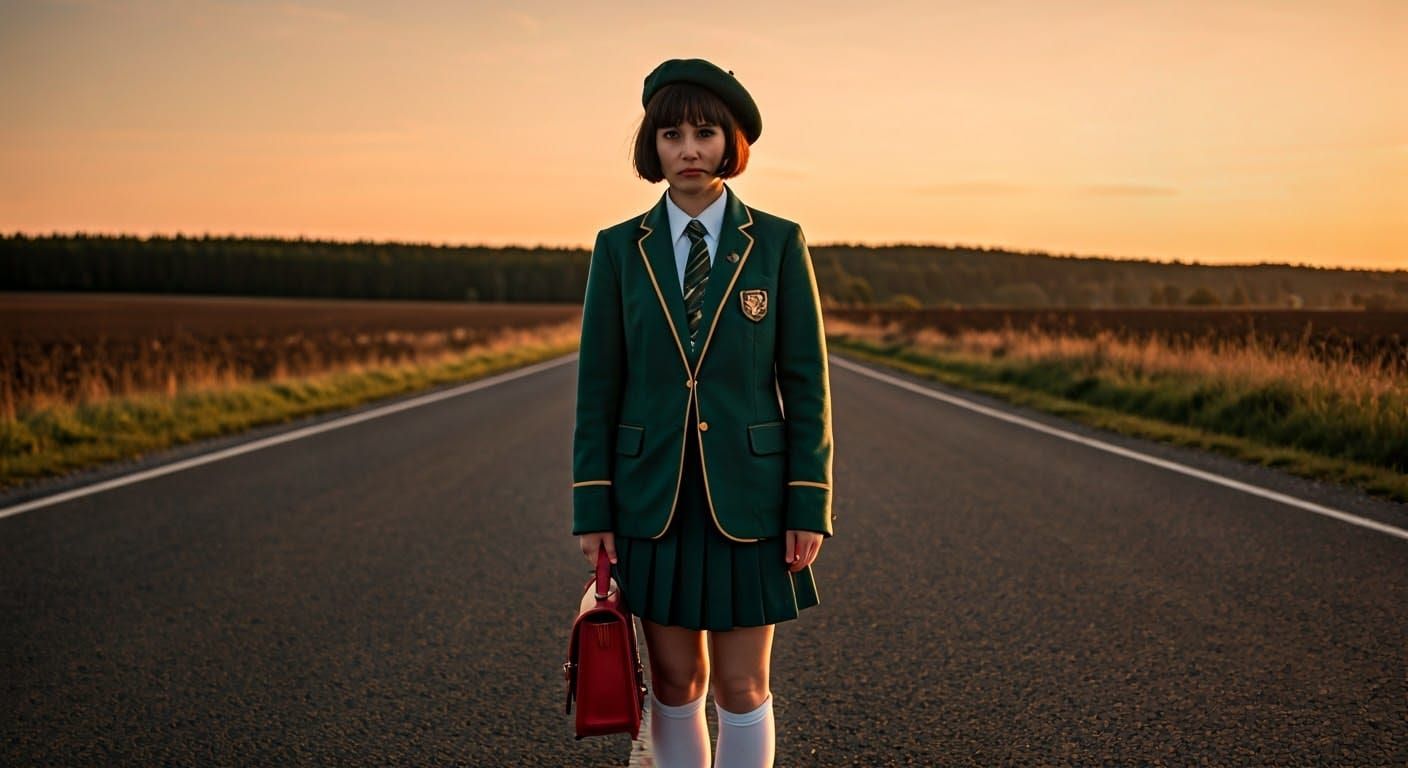 Woman in School Uniform on Deserted Road at Dusk