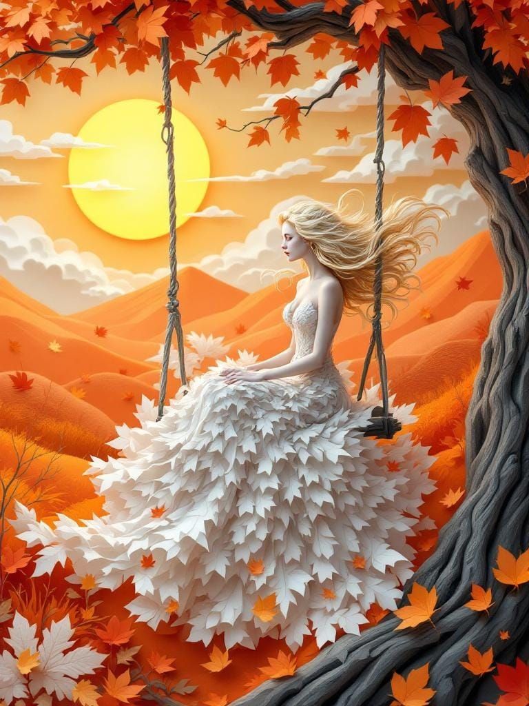 Woman in Autumn Landscape as Papercraft Art