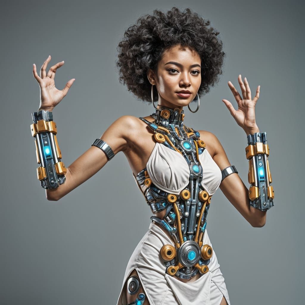 Playful Afro-Asian Woman Wears Cybernetic Arms in Summer Dre...