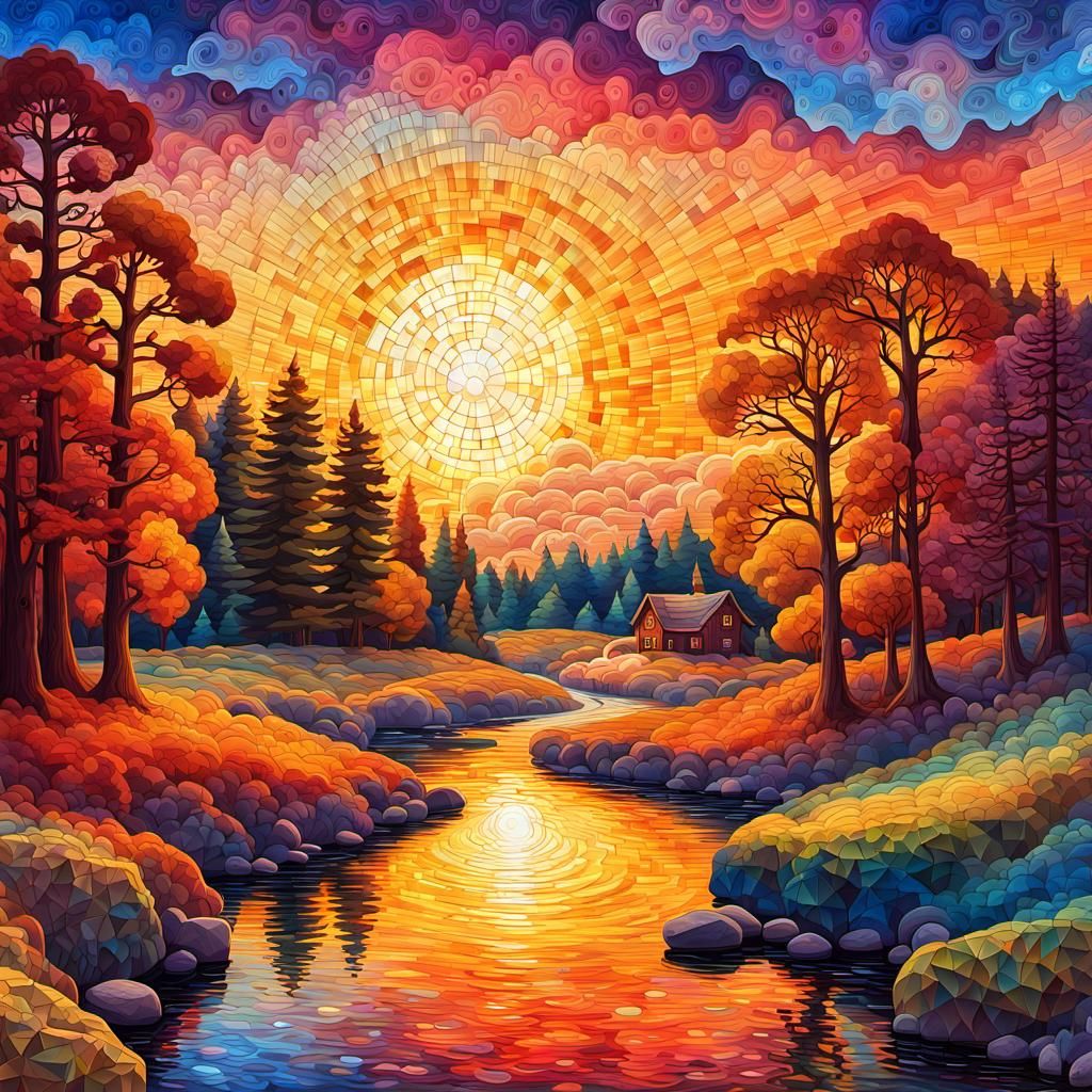 Colorful Watermill Digital Illustration with Mosaic Textures