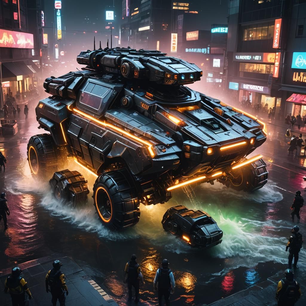 Cyberpunk Armored Vehicle in Neon Cybercity