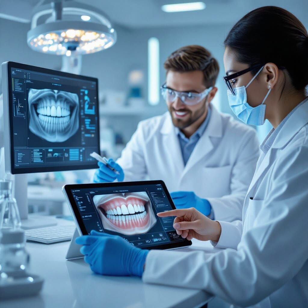 Modern Dental Scene: Dentist & Technician Reviewing Digital ...