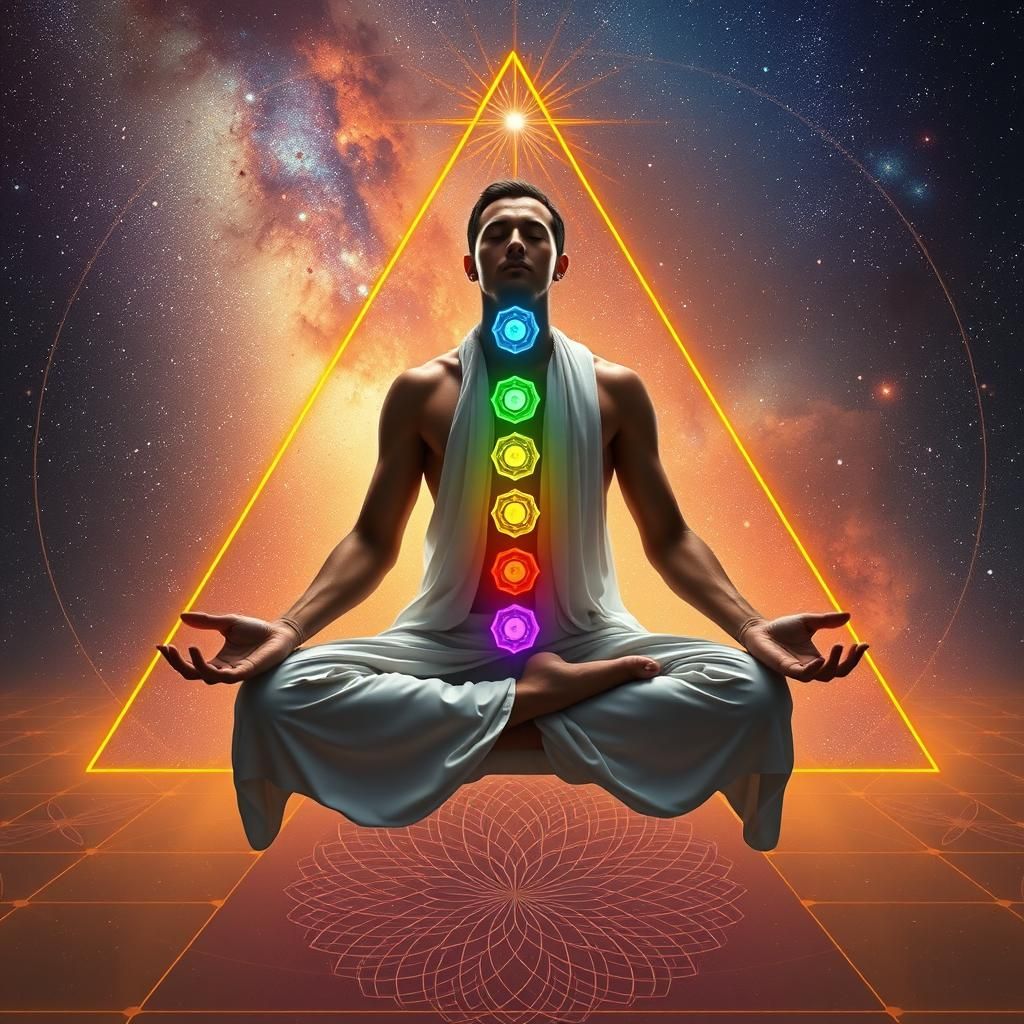 Meditating Man with Chakra Alignment in Cosmic Pyramid