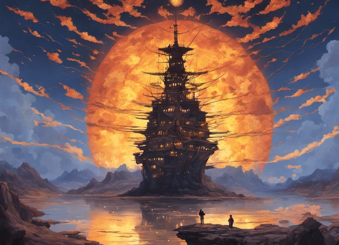 Astral Desert Oasis with Sunken Battleship in Ukiyo-e Style