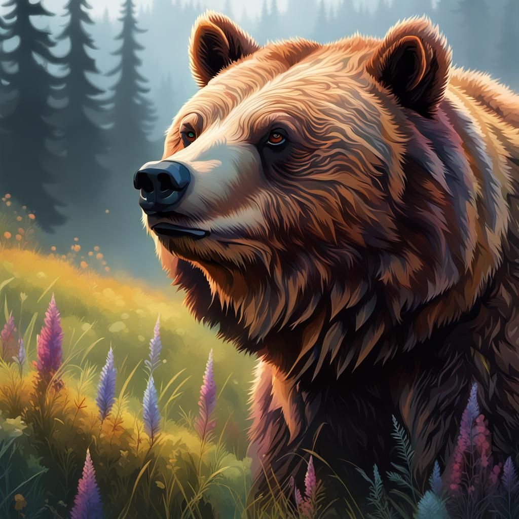 Grizzly Bear Portrait in Vibrant Digital Art
