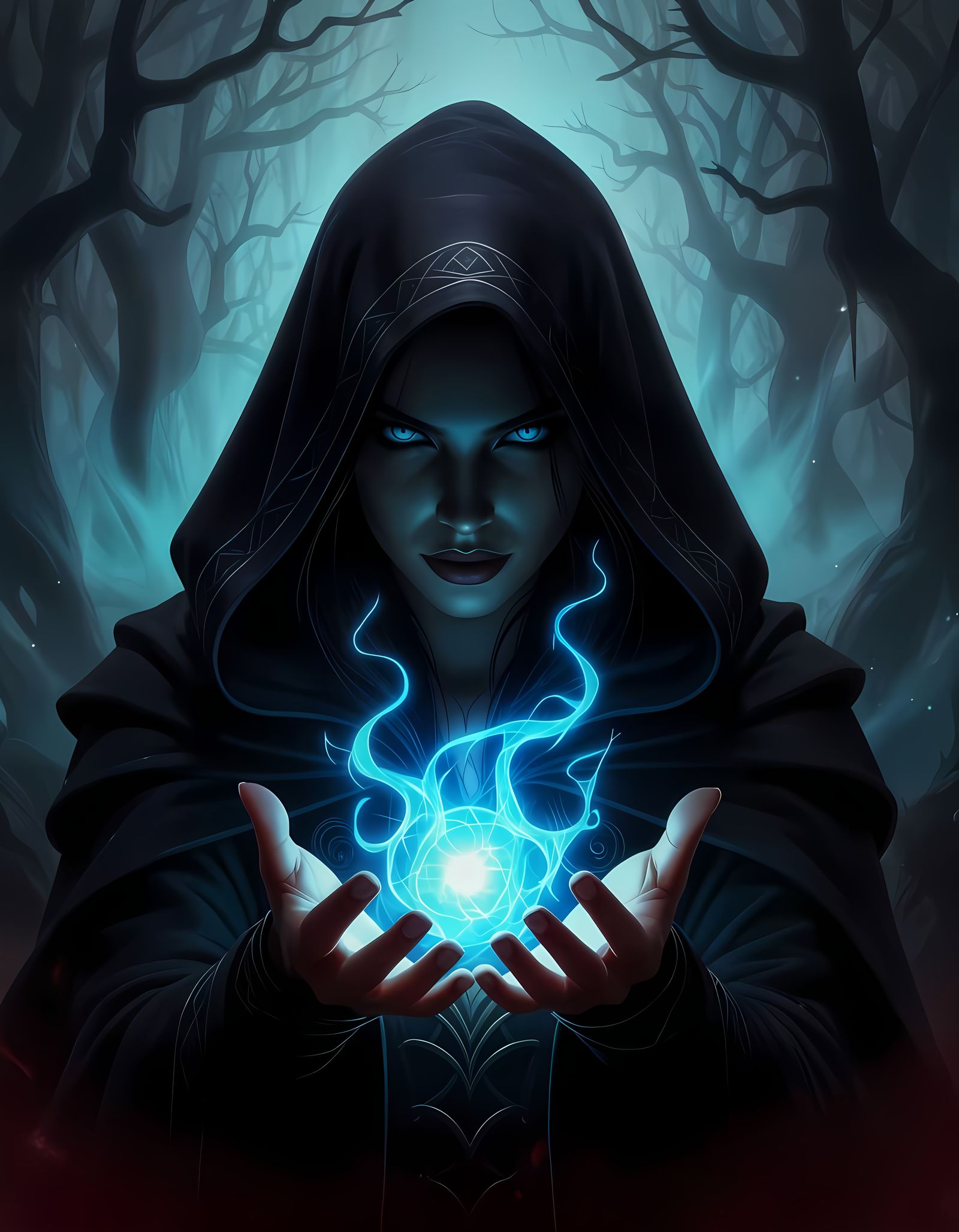 Powerful Sorceress Casting Blue Magic in Mystical Forest