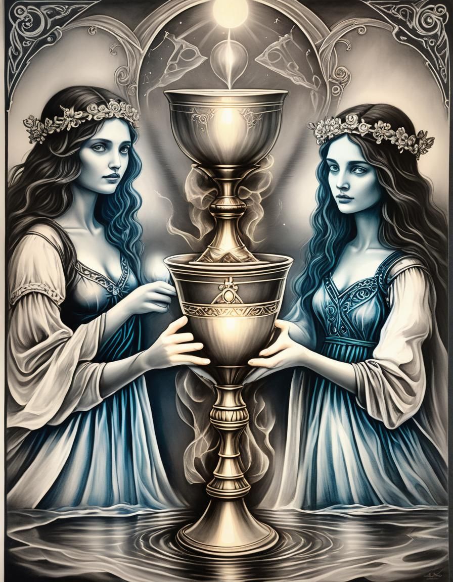 Hyperdetailed Charcoal Drawing of Tarot Three of Cups