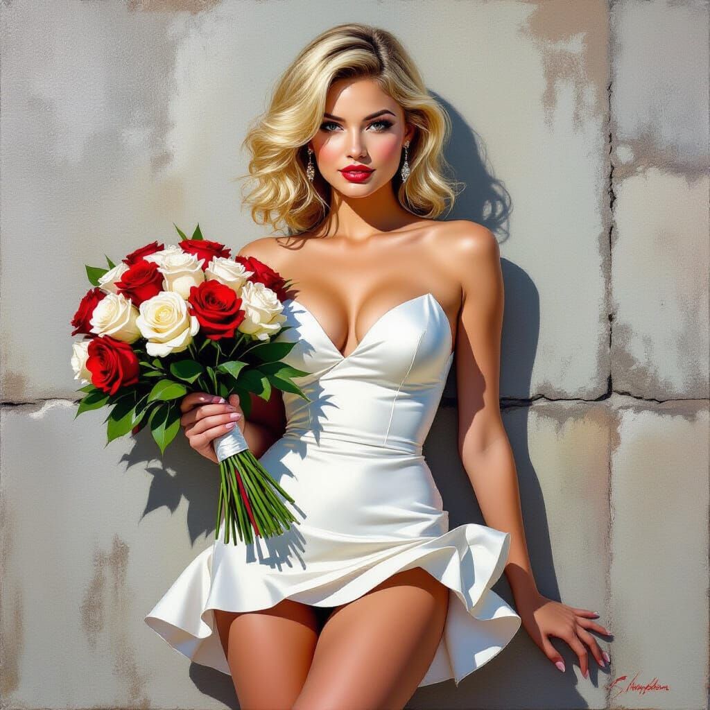 Blonde Pinup Girl with Roses as Impasto Oil Painting