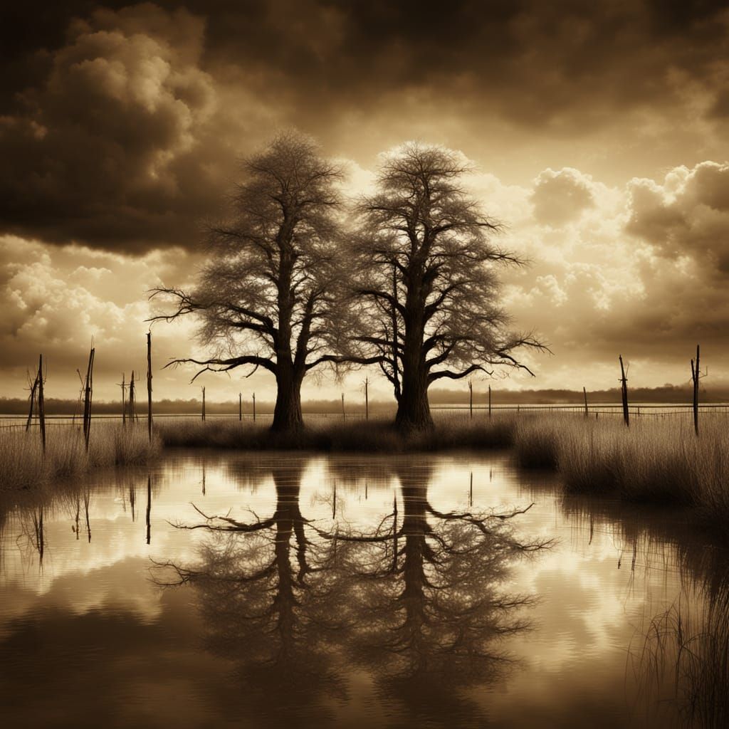 Sepia Cedar Trees Reflect in Field