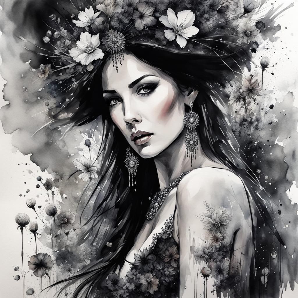 Monica Belucci Portrait in Watercolor Fantasy Style