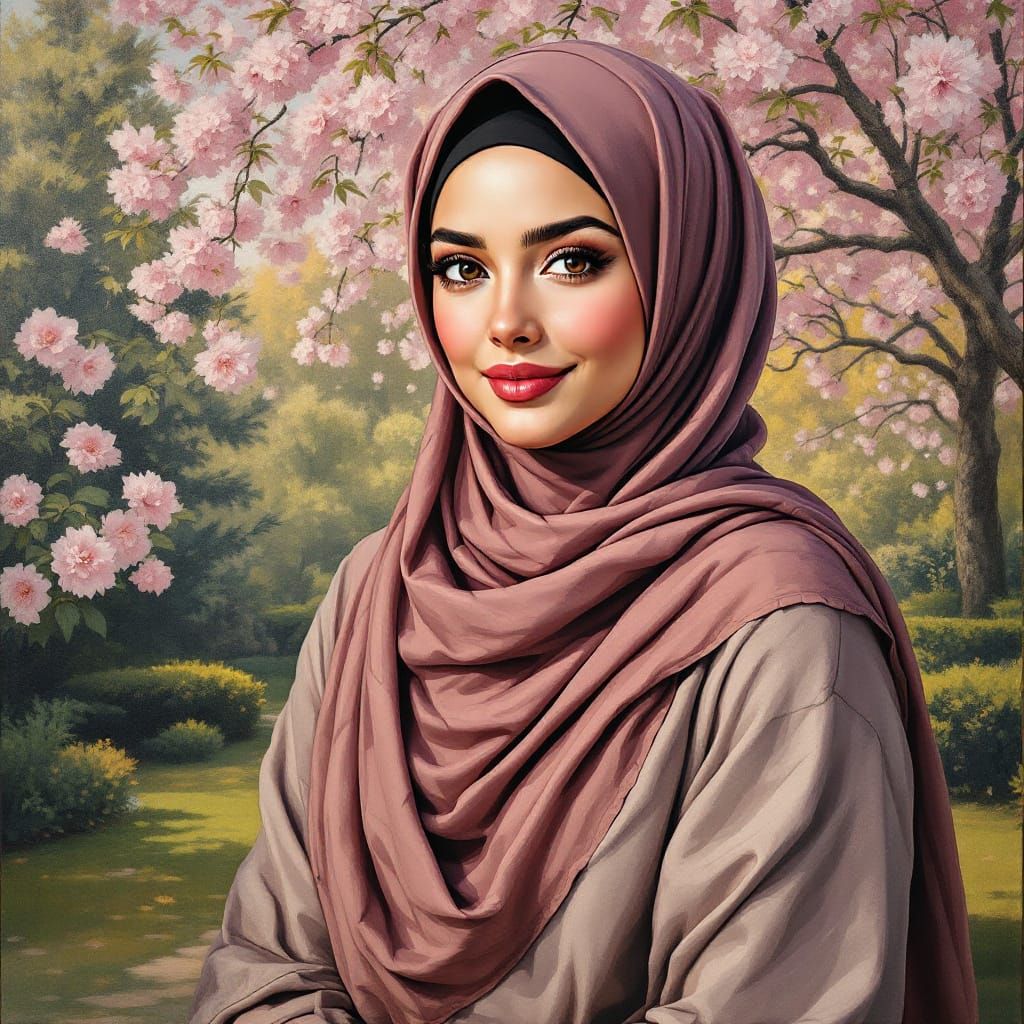 Elegant Hijabi Woman Smiling in Garden Park Painting
