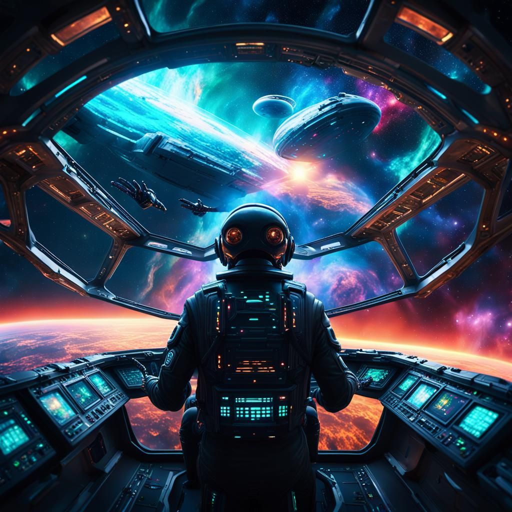 Alien Pilot Navigating Nebula in Futuristic UFO