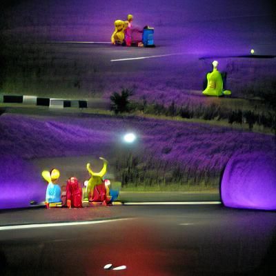 Surreal Teletubbies on a Highway at Night