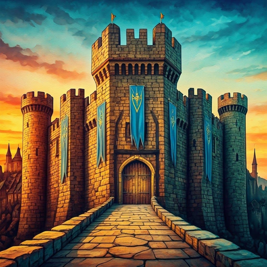 Epic European Renaissance Steampunk Castle in Vibrant Sunset