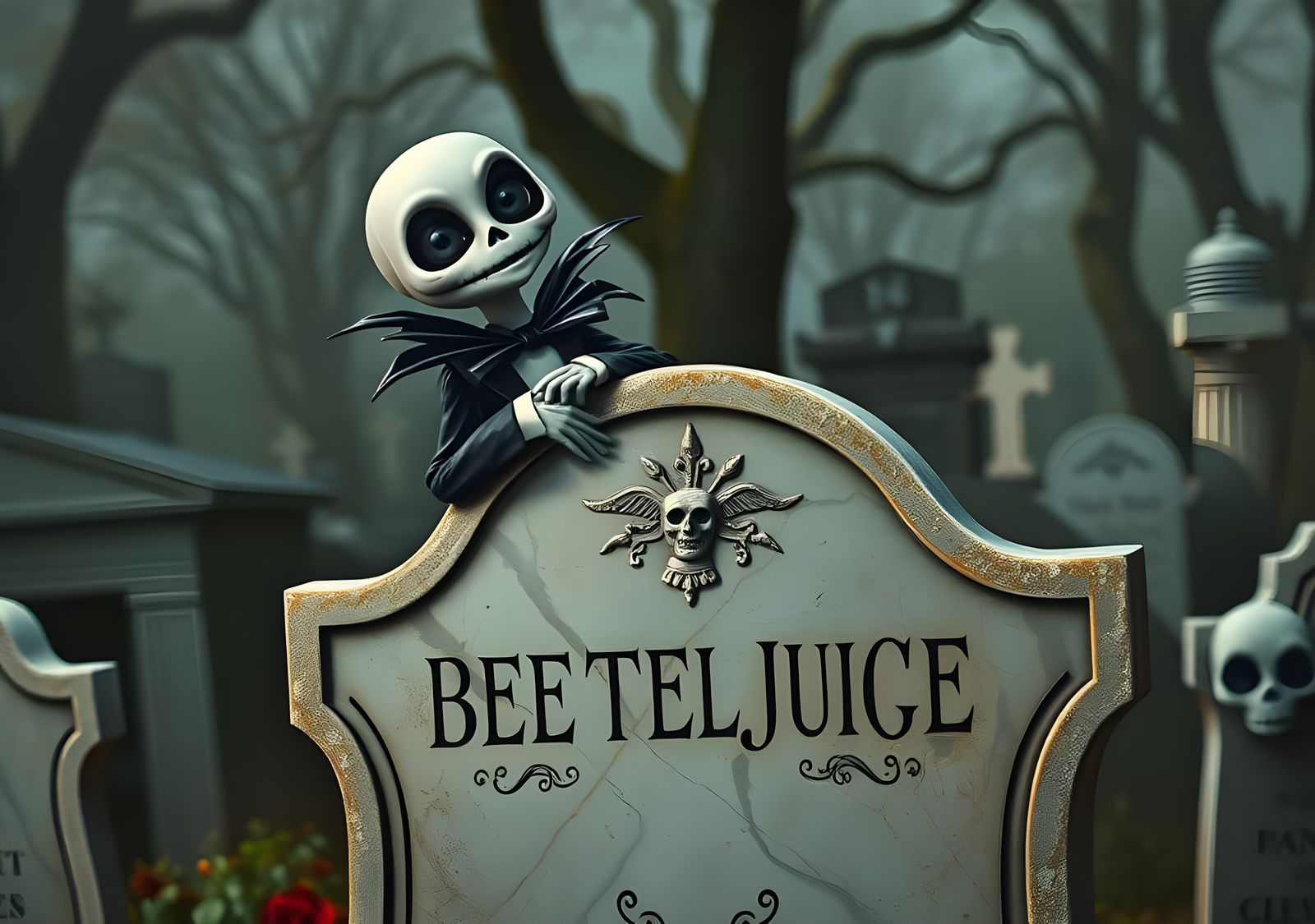 Beetlejuice Leans on Victorian Headstone with Sinister Chibi...