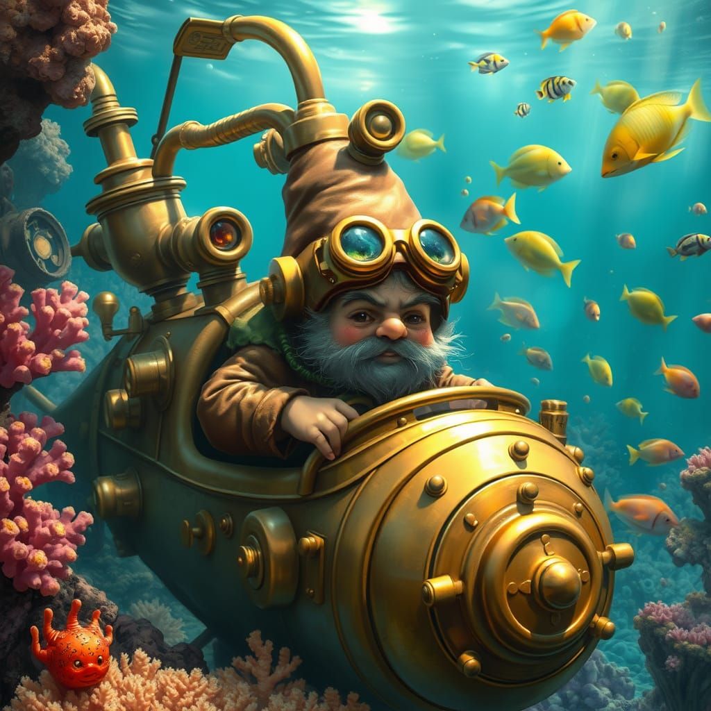 Steampunk Submarine in Vibrant Coral Reef