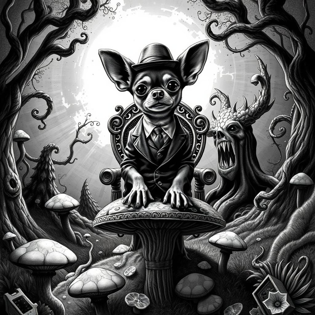 Psychedelic Chihuahua Mafia Boss in Whimsical Wilderness