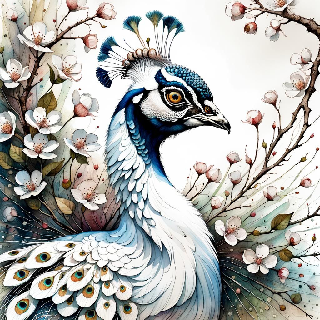 Ethereal Peacock Portrait in Vibrant Bloom