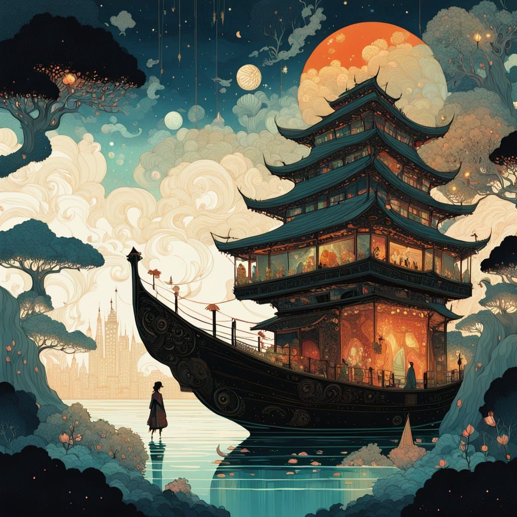 Galactic Geisha in Celestial Cityscape